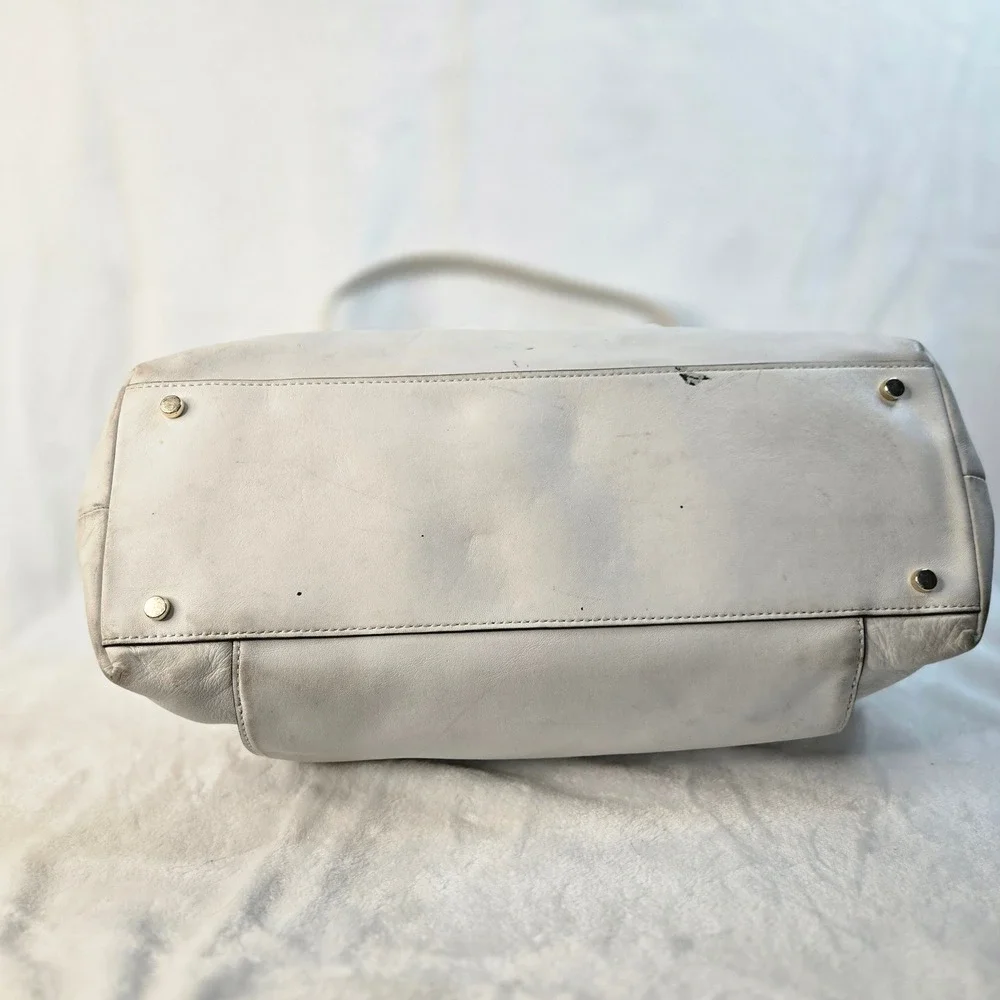 vintage Kate Spade NY White Leather Tote Bag Turn Lock Pocket Striped Lining